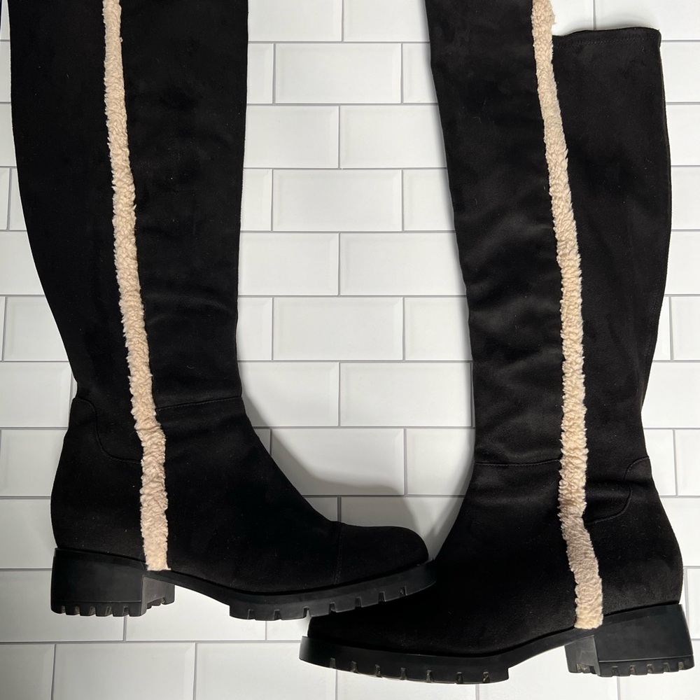 Karl Lagerfeld Black Over-the-Knee Boots with Cream Sherpa Trim 8.5